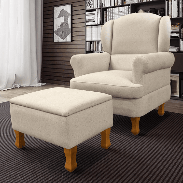 Poltrona para Amamentação em Linho com Pés em Madeira e Puff Baú Bege 1