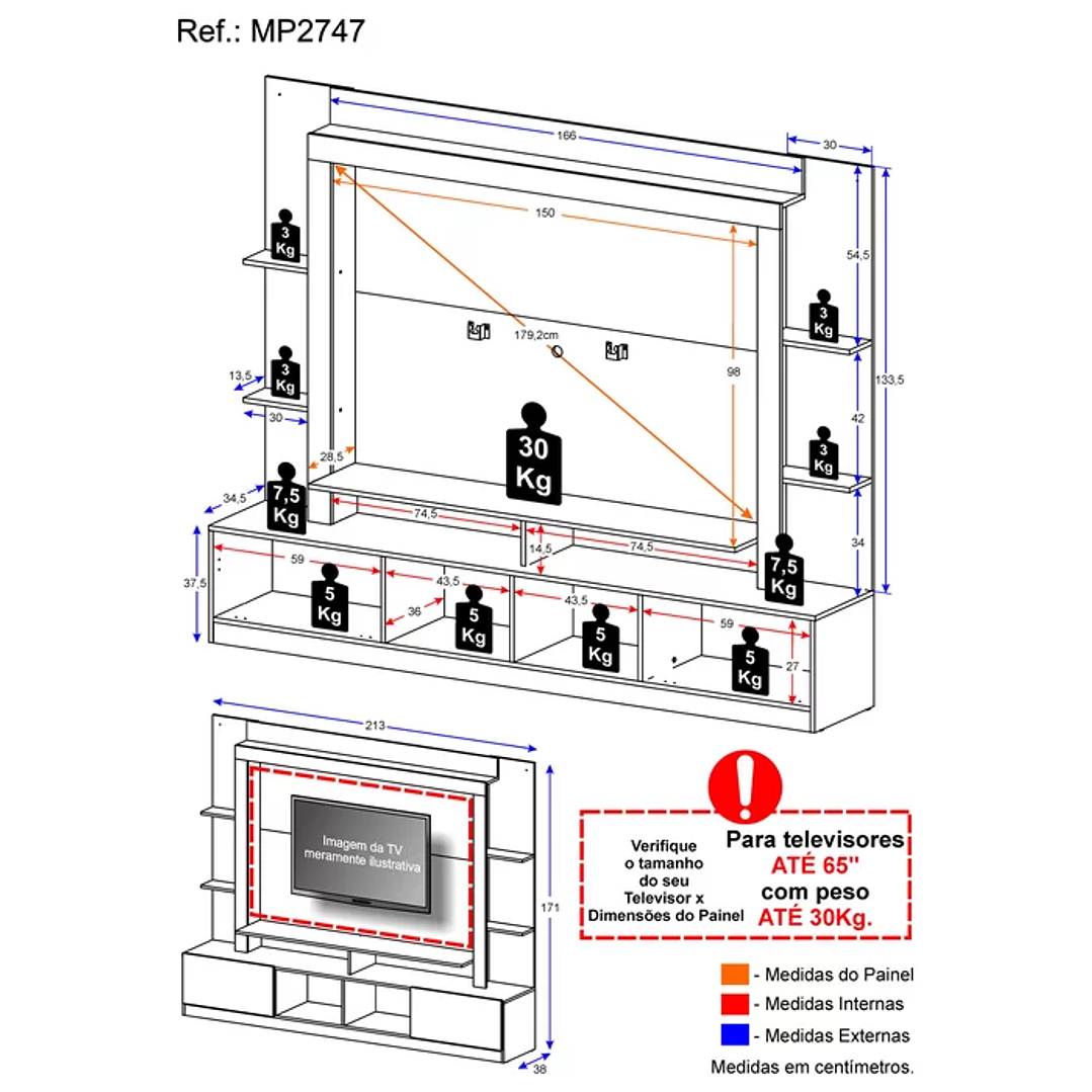 Estante Rack com Painel e Suporte TV 65 Polegadas Branco/Lacca Fume Branco/Lacca Fumê 7