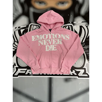 Mixed Emotion Pink ‘End’ Rhinestone hoodie