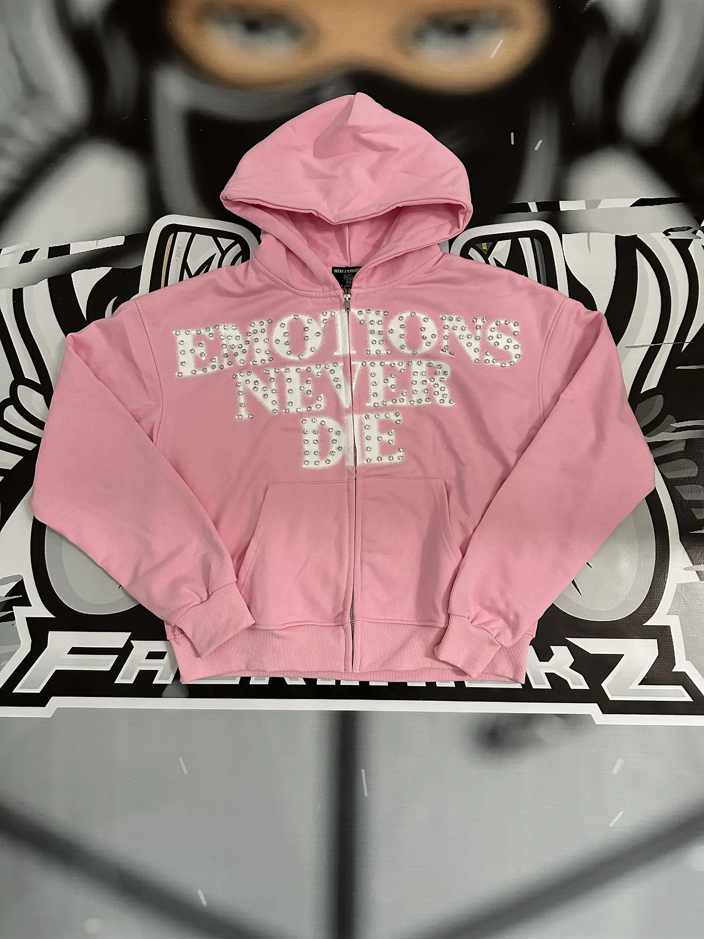 Mixed Emotion Pink ‘End’ Rhinestone hoodie 1