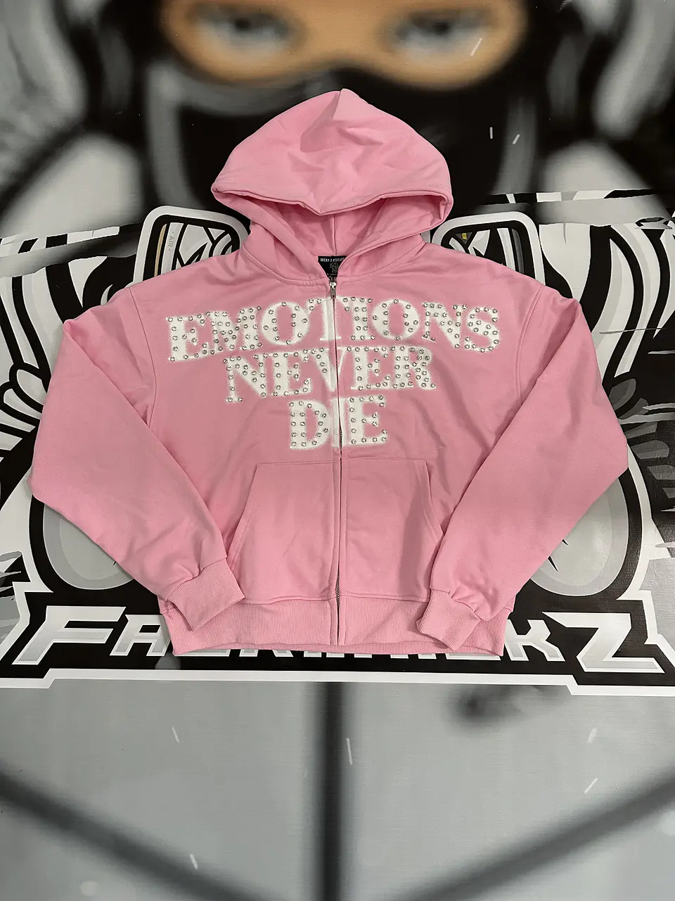 Mixed Emotion Pink ‘End’ Rhinestone hoodie 1