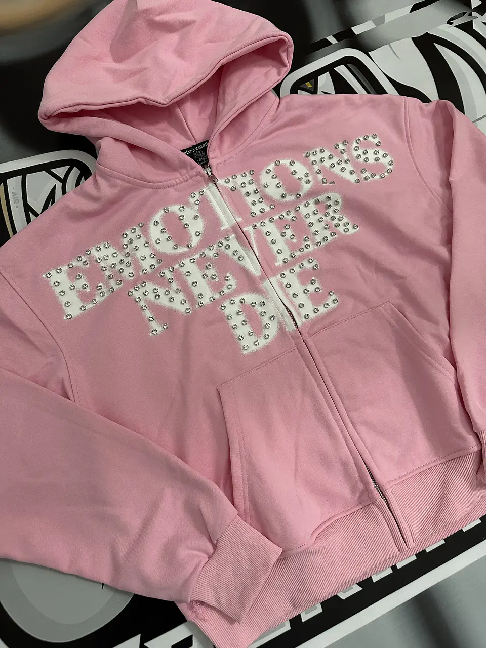 Mixed Emotion Pink ‘End’ Rhinestone hoodie 2