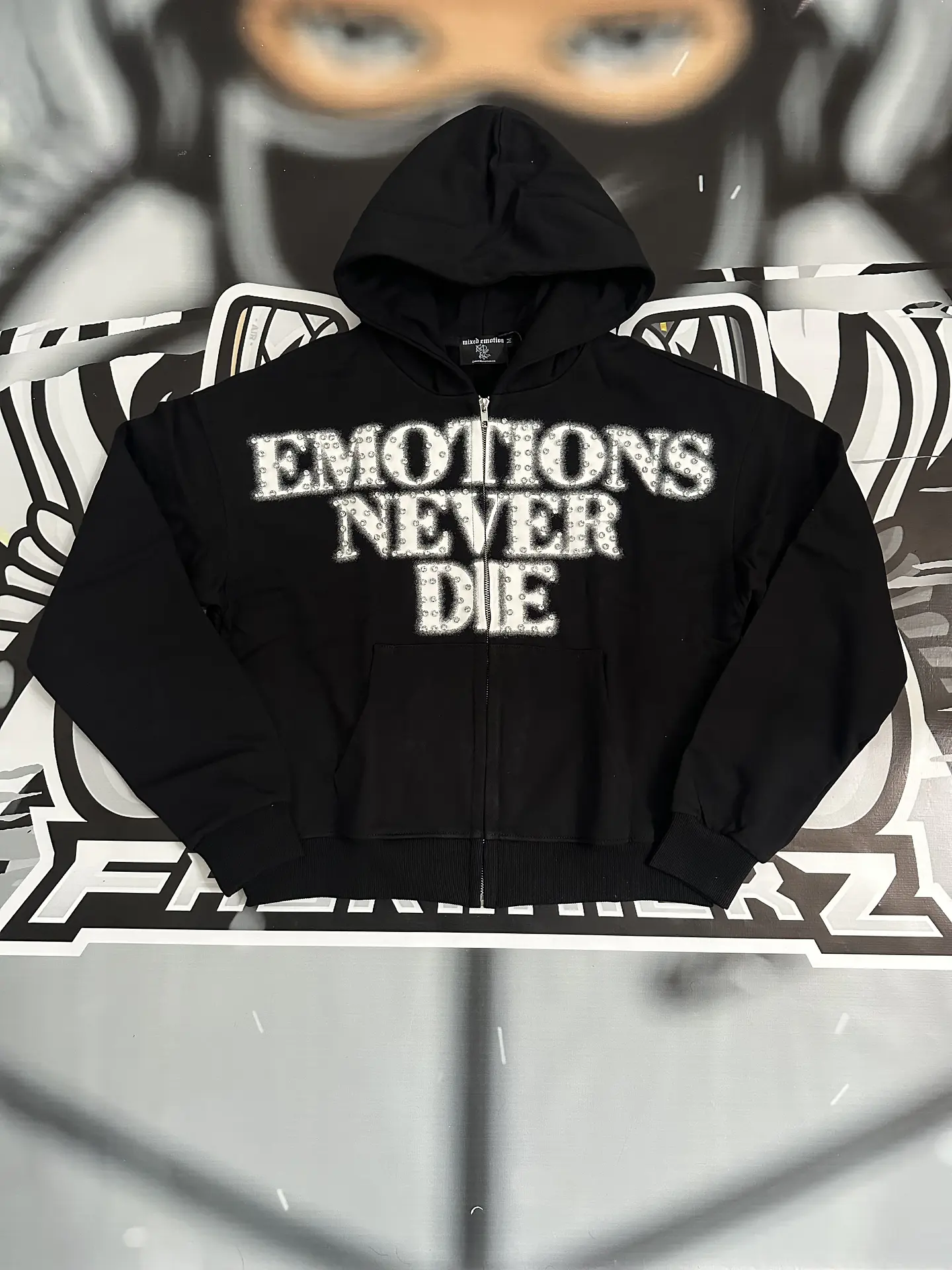 Mixed Emotion Black ‘End’ Rhinestone hoodie 1