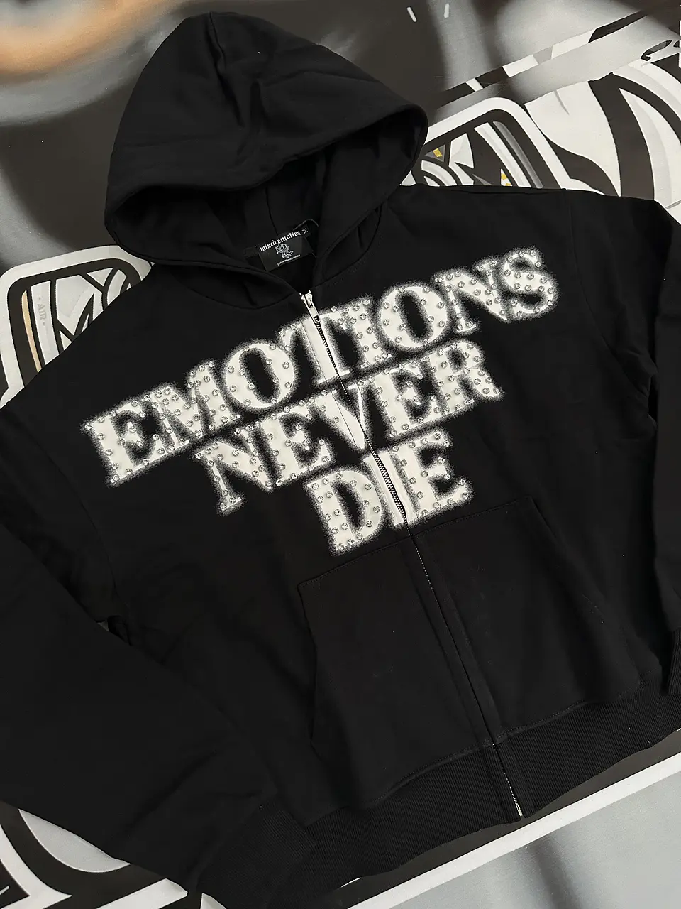 Mixed Emotion Black ‘End’ Rhinestone hoodie 2