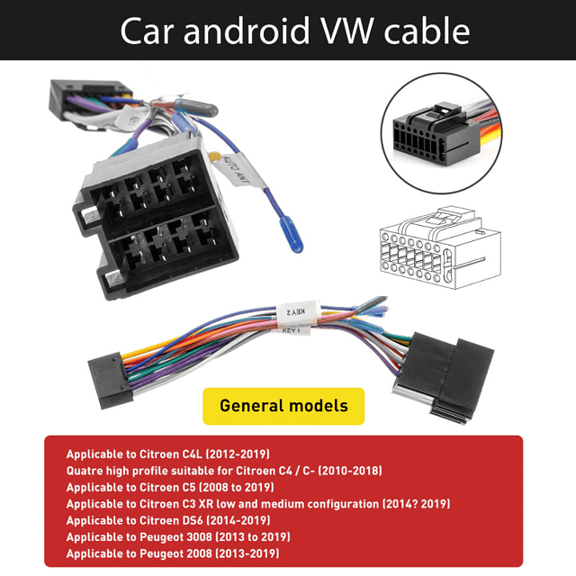 FACE166 Cabo Adaptador rádio android, 2 din, 16pins, conector de alimentação para android