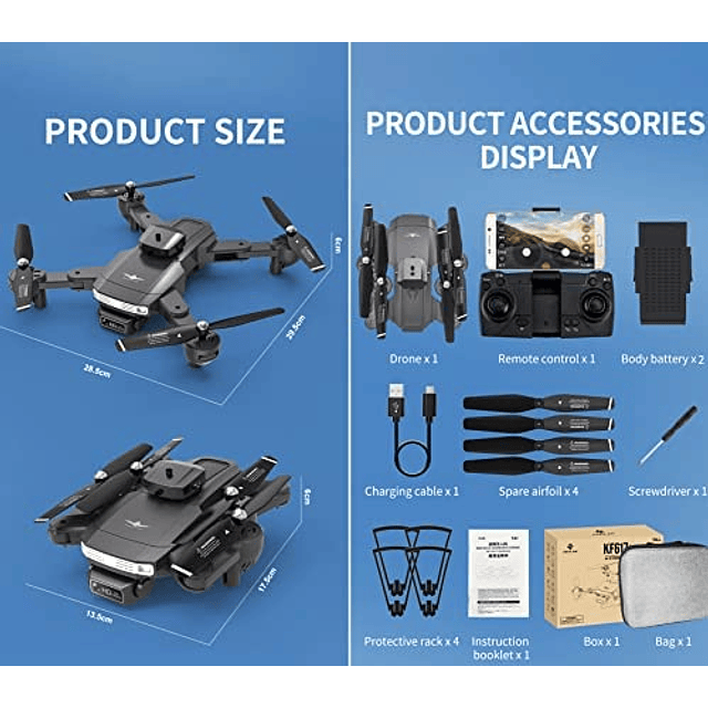 FACE765 Drone 4k KF617 anti-colisão 360º câmara dupla  wifi FRV duas baterias e mala