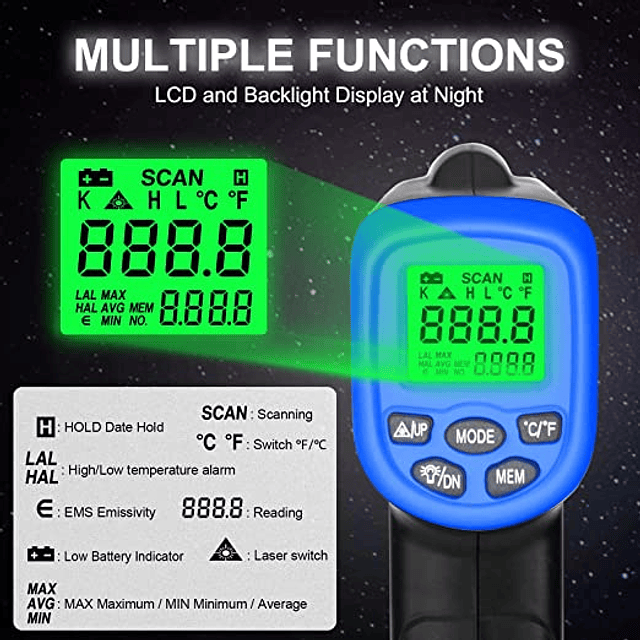FACE858  Pistola infravermelho digital  para alta  temperaturas -50 a 550 °C automoveis cozinhas etc 