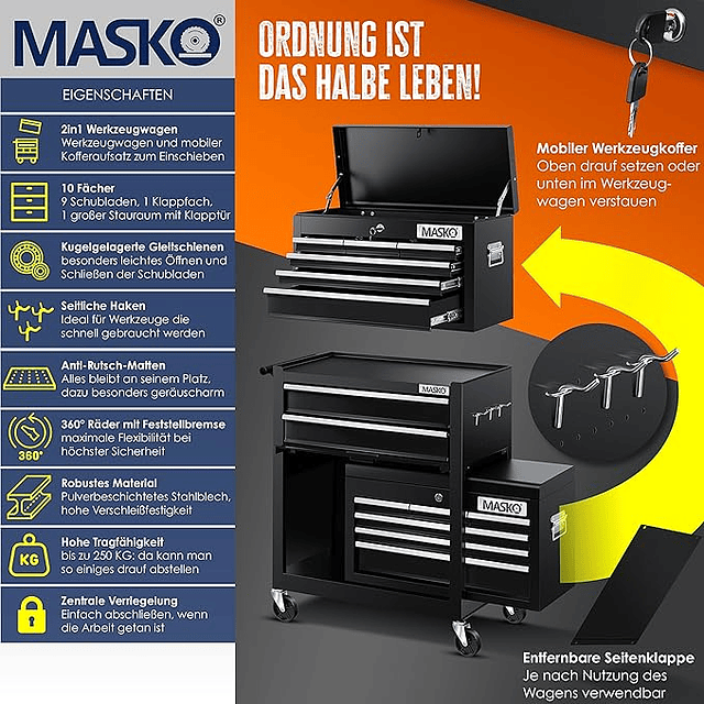 FACE1024 Carrinho oficina com mala incluída, 9 compartimentos  fechadura metal sólido, sem ferramentas