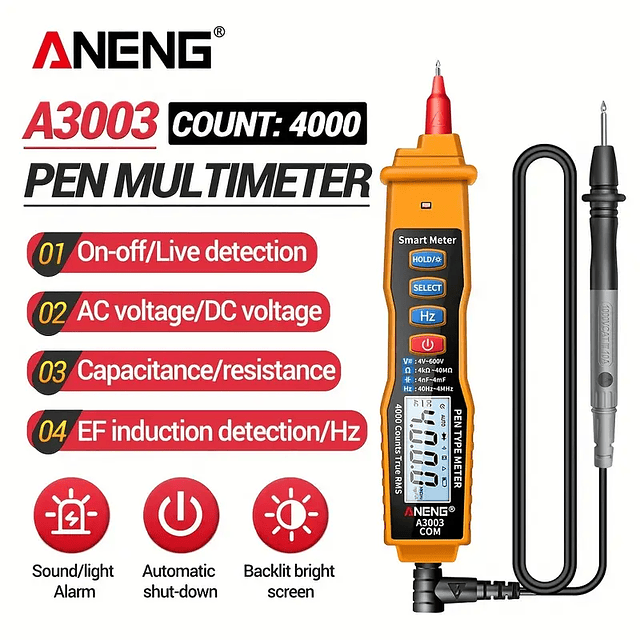 FACE1084 ANENG A3003 Multímetro Digital Tipo Caneta 4000 Contagens Com Testador de Tensão AC/DC Sem Contato, Resistência, Capacitância e Hz