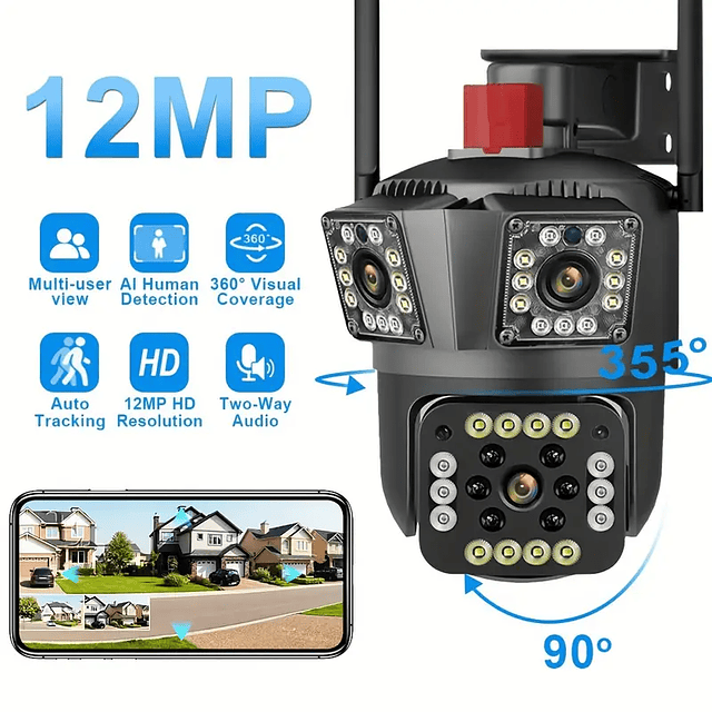 FACE1100 Câmara de segurança IP  triplo Câmara, 12MP HD, deteção movimento, detecção de humanos