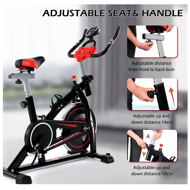 F1203 Bicicleta estática indoor, volante 10 kg,  ajustável, resistência,  com ecrã, suporte, selim e pega ajustável, máximo 120 kg