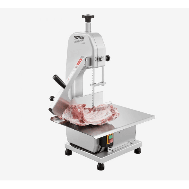 FACE1334  Serra de fita elétrica comercial VEVOR para corte de ossos e carne, 650 W, bancada de trabalho de 315 x 460 mm, cortador de carne congelada para carne suína e bovina, cor prata.