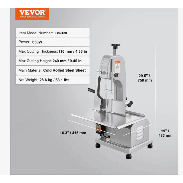 FACE1334  Serra de fita elétrica comercial VEVOR para corte de ossos e carne, 650 W, bancada de trabalho de 315 x 460 mm, cortador de carne congelada para carne suína e bovina, cor prata.