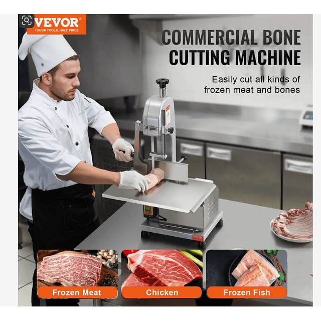 FACE1334  Serra de fita elétrica comercial VEVOR para corte de ossos e carne, 650 W, bancada de trabalho de 315 x 460 mm, cortador de carne congelada para carne suína e bovina, cor prata.