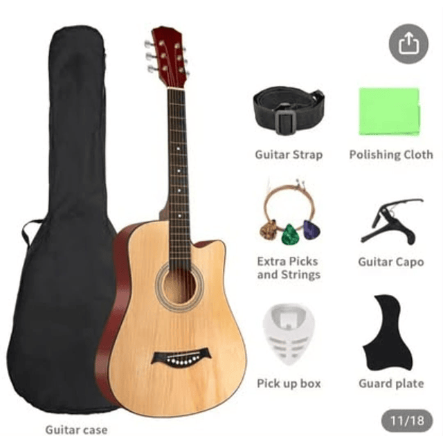FACE1349 Guitarra Acústica de 38 Polegadas para Iniciantes - Inclui Bolsa para Guitarra, Capotraste, Alça Ajustável, Palhetas (Cores Aleatórias), Cordas, Pano de Limpeza (Cor Aleatória), Estojo para P