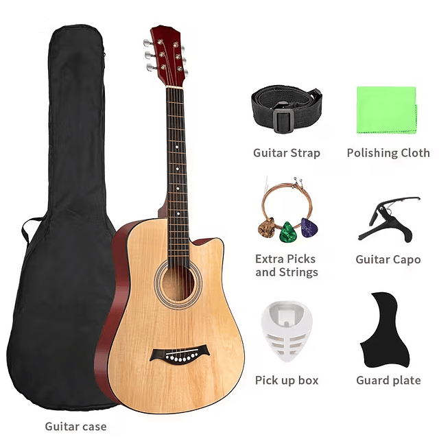 FACE1349 Guitarra Acústica de 38 Polegadas para Iniciantes - Inclui Bolsa para Guitarra, Capotraste, Alça Ajustável, Palhetas (Cores Aleatórias), Cordas, Pano de Limpeza (Cor Aleatória), Estojo para P