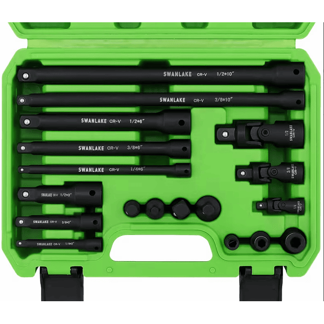 FACE1350 KIT 18 peças extensão de soquete de impacto ajuste universal giratório, 1/4" profundo, adaptador de soquete de 1/2" de direção, barra de extensão, 3 acoplamentos de catraca, aço CR-V