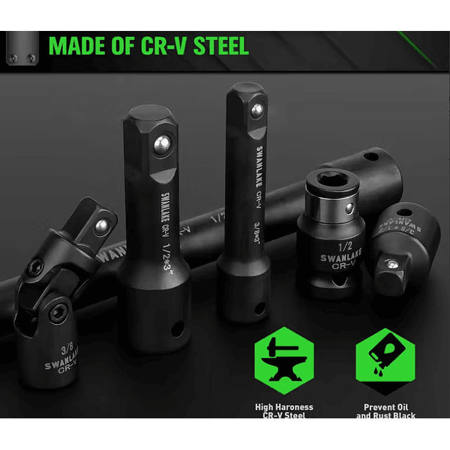 FACE1350 KIT 18 peças extensão de soquete de impacto ajuste universal giratório, 1/4" profundo, adaptador de soquete de 1/2" de direção, barra de extensão, 3 acoplamentos de catraca, aço CR-V