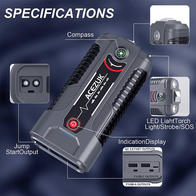 FACE1353 Arrancador Booster Jump Starter pico 4000A motores a gasolina de 7.0L ou a diesel de 5.5L