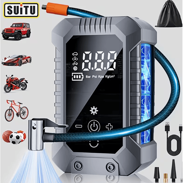 FACE1370 Bomba Pneus Digital Inteligente com Ecrã  Luz LED Inflação Rápida de 150PSI  Carregamento USB