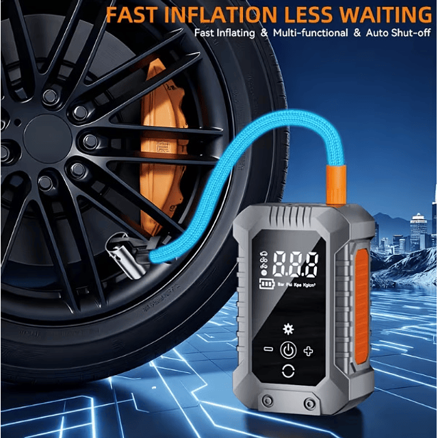 FACE1370 Bomba Pneus Digital Inteligente com Ecrã  Luz LED Inflação Rápida de 150PSI  Carregamento USB