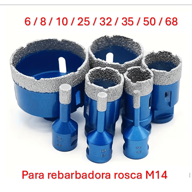 FACE1371 KIT 8 Copos Rosca M14 Diamantadas Perfuração Tijolos, Betão, Blocos, Granito, Quartzo, Cerâmica, Azulejos, Bancadas