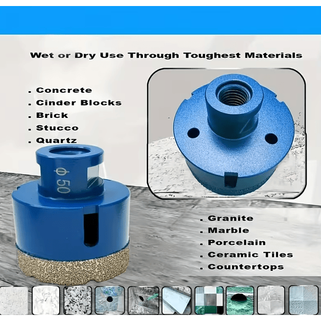 FACE1371 KIT 8 Copos Rosca M14 Diamantadas Perfuração Tijolos, Betão, Blocos, Granito, Quartzo, Cerâmica, Azulejos, Bancadas