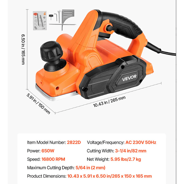 FACE1375 Plaina elétrica VEVOR, largura de corte de 82 mm, 650 W, 16800 rpm corte ajustável, 2 lâminas, 