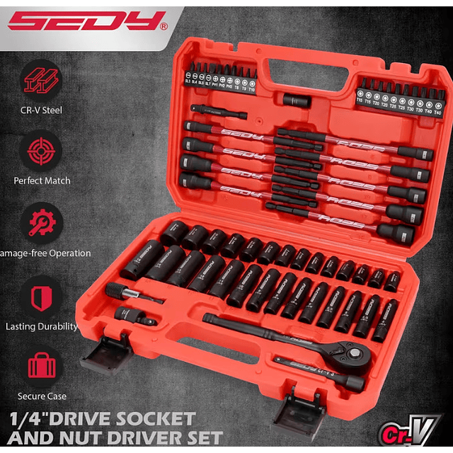 FACE1377  63 Peças de Soquetes Métricos 1/4" e Chave de Porca, Conjunto de Soquetes Padrão e Profundos (4-15mm), Chaves Magnéticas de 1/4" com Haste Hexagonal de 6", Barra de Extensão, Chave Catraca d