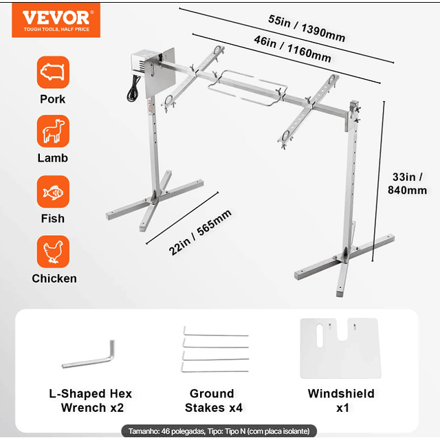 FACE1380 Grelhador assar no espeto, grelha para churrasco de 60 kg  motor elétrico de 52 W, assador giratório 116cm