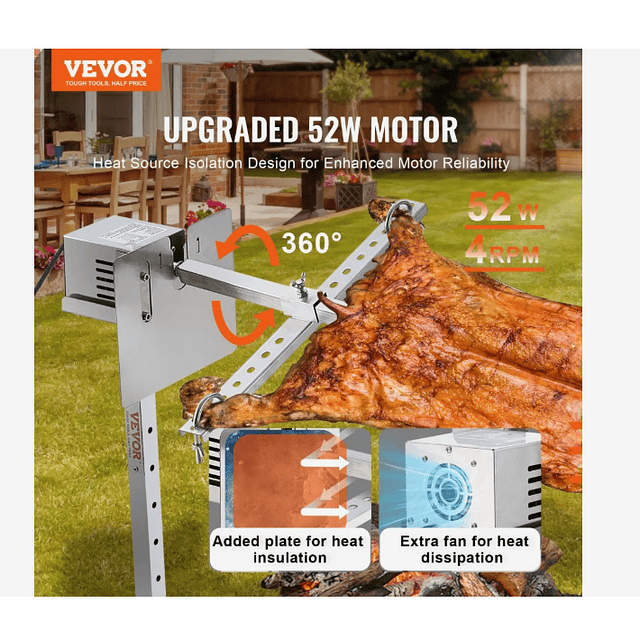 FACE1380 Grelhador assar no espeto, grelha para churrasco de 60 kg  motor elétrico de 52 W, assador giratório 116cm