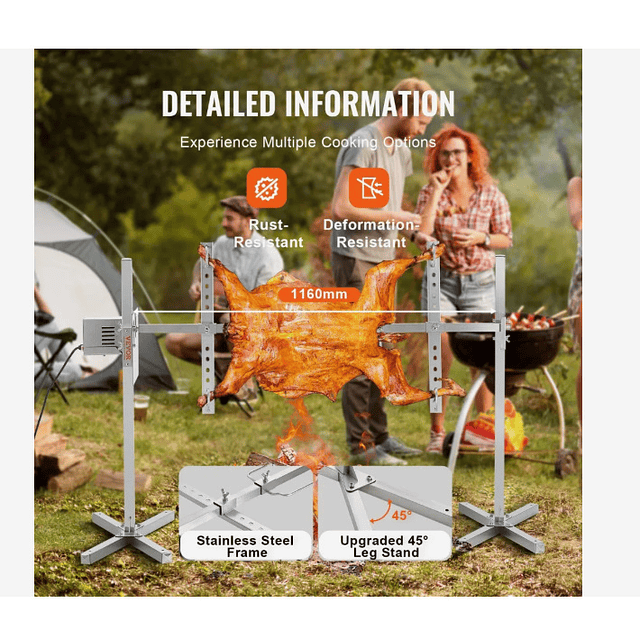 FACE1380 Grelhador assar no espeto, grelha para churrasco de 60 kg  motor elétrico de 52 W, assador giratório 116cm