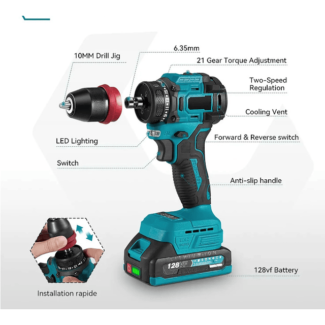 FACE1385 2 em 1 aparafusadora 21v com duas baterias acessórios e mala de transporte