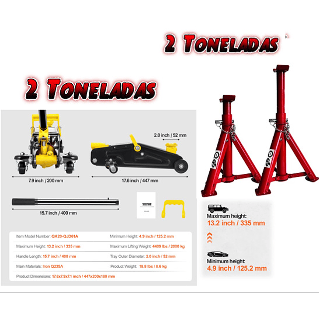 FACE1395 KIT Macaco 2T + preguiças 2T automóveis mecânica caseira 125 mm/335 mm