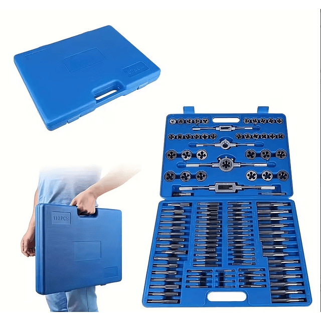 FACE1406 Conjunto Completo de Machos e Cossinetes Métricos de 110 peças com Remachador - Um Kit de Refilagem Completo para Roscas Externas e Internas, Abrangendo Tamanhos de M2 a M18, 