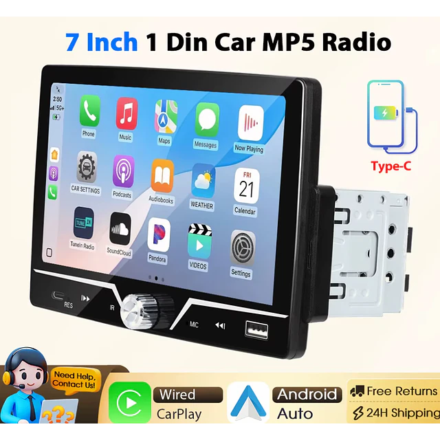 FACE1415  Auto rádio universal 7 pelegadas 1 din com android auto e carplay 