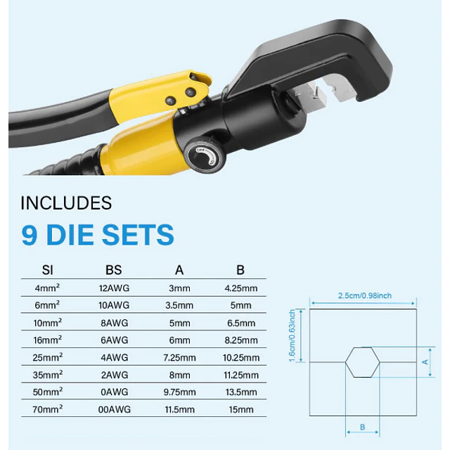 FACE1421 Crimpador hidraulico de terminais eletricos 10 T  4, 6, 10, 16, 25, 35, 50, 70 mm