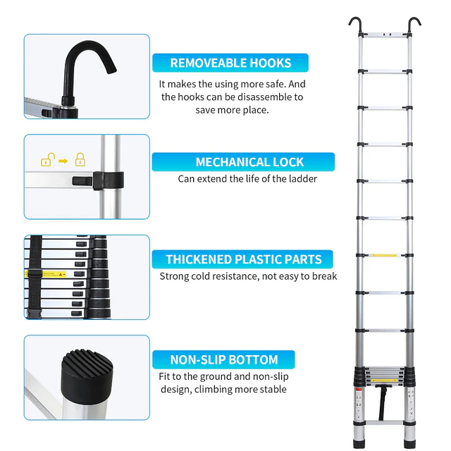 FACE1424 Escada telescópica dobrável com 2.6 metros com ganchos 