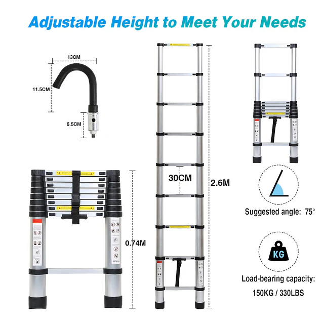 FACE1424 Escada telescópica dobrável com 2.6 metros com ganchos 