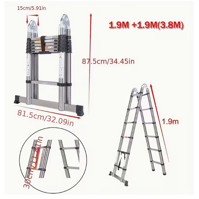 FACE1428 Escada 2 em 1  telescópica 3,80 m ou escadote 1,9m mais 1,9 m