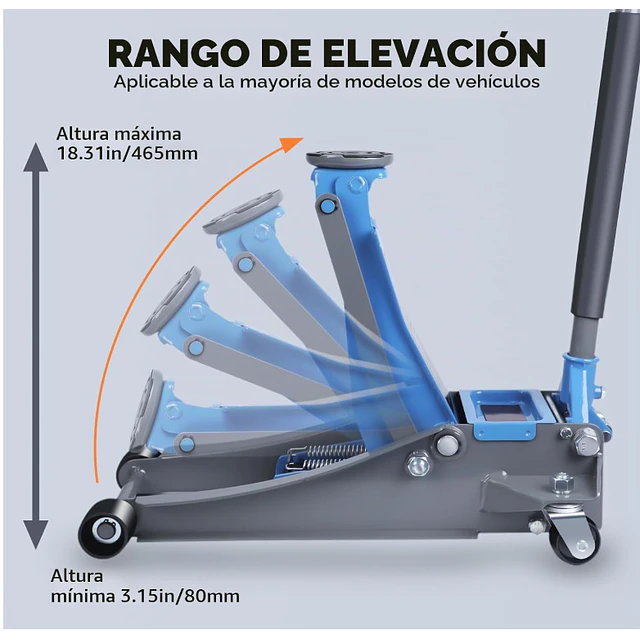 FACE1446 Macaco hidráulico 3T perfil baixo 80mm a 465mm alumínio e aço bomba dupla 