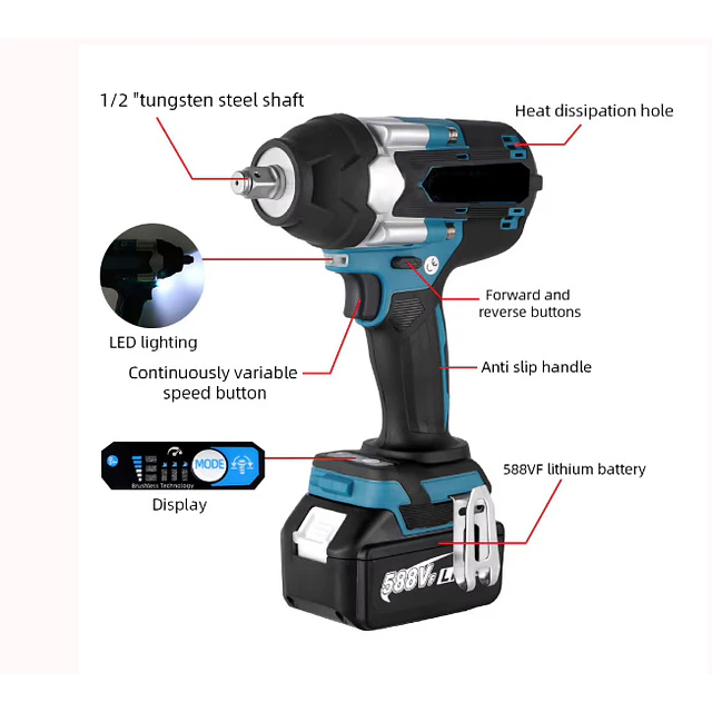 FACE719 Chave impacto sem escova 1800 NM  1/2  compativel makita 18v 