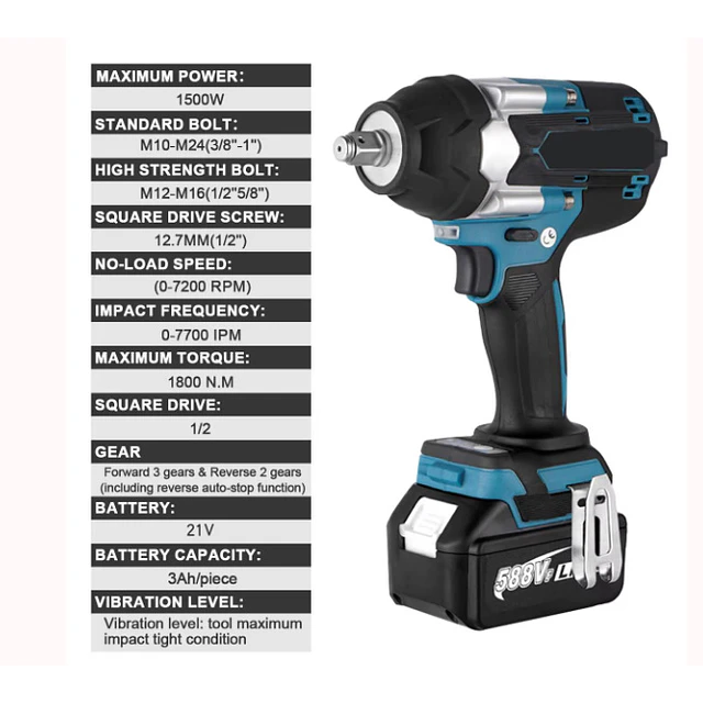 FACE719 Chave impacto sem escova 1800 NM  1/2  compativel makita 18v 