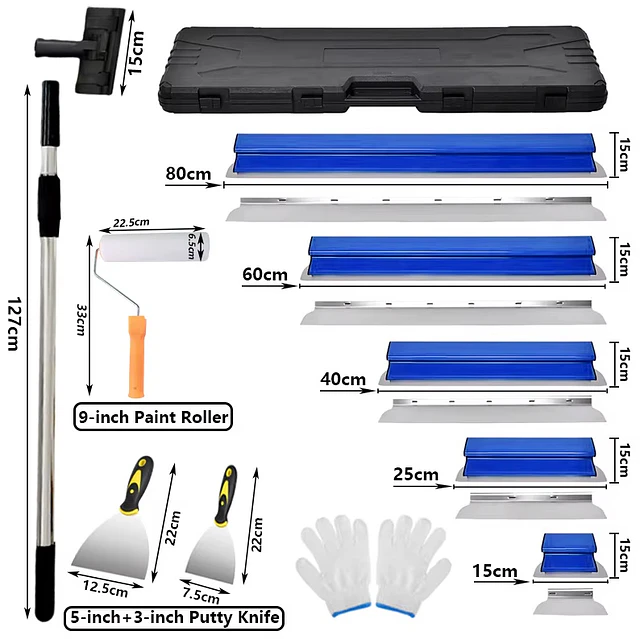 FACE1458 Conjunto de Lâminas para Acabamento de Drywall 15/25/40/60/80cm, Ferramentas para Revestimento de Paredes com Caixa de Armazenamento, Lâmina Flexível de Aço Inoxidável