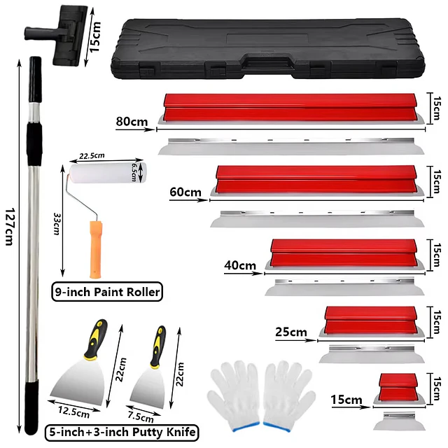 FACE1458 Conjunto de Lâminas para Acabamento de Drywall 15/25/40/60/80cm, Ferramentas para Revestimento de Paredes com Caixa de Armazenamento, Lâmina Flexível de Aço Inoxidável