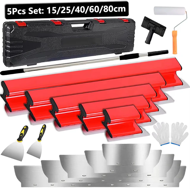FACE1458 Conjunto de Lâminas para Acabamento de Drywall 15/25/40/60/80cm, Ferramentas para Revestimento de Paredes com Caixa de Armazenamento, Lâmina Flexível de Aço Inoxidável