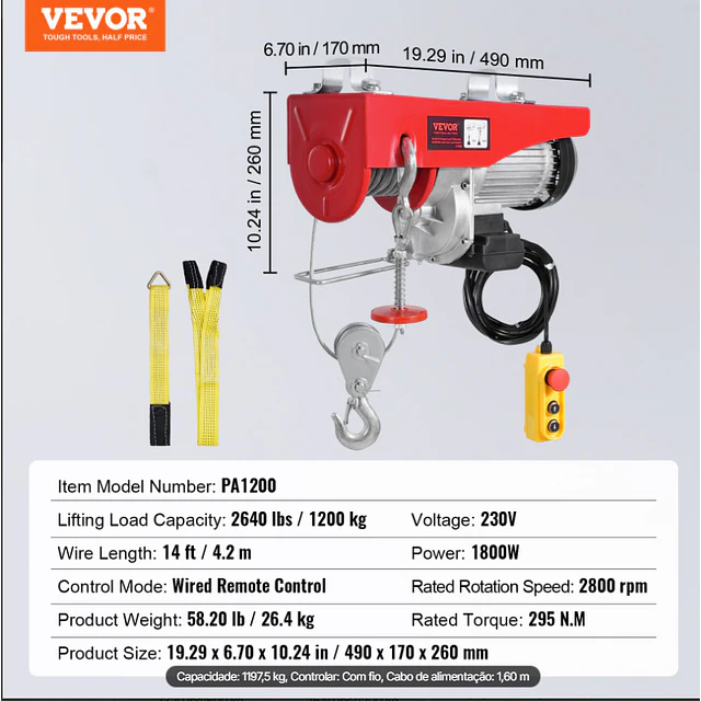 FACE1461  Guincho guindaste 1200kg 220v 1800w VEVOR 12m cabo