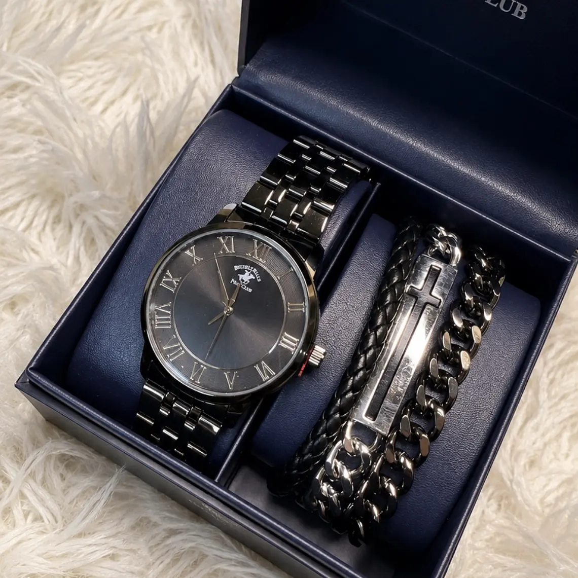 Reloj Polo Club Negro + pulseras  1