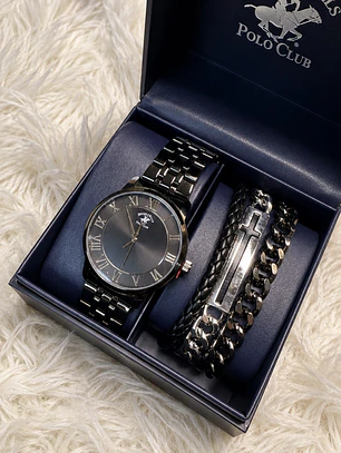 Reloj Polo Club Negro + pulseras 