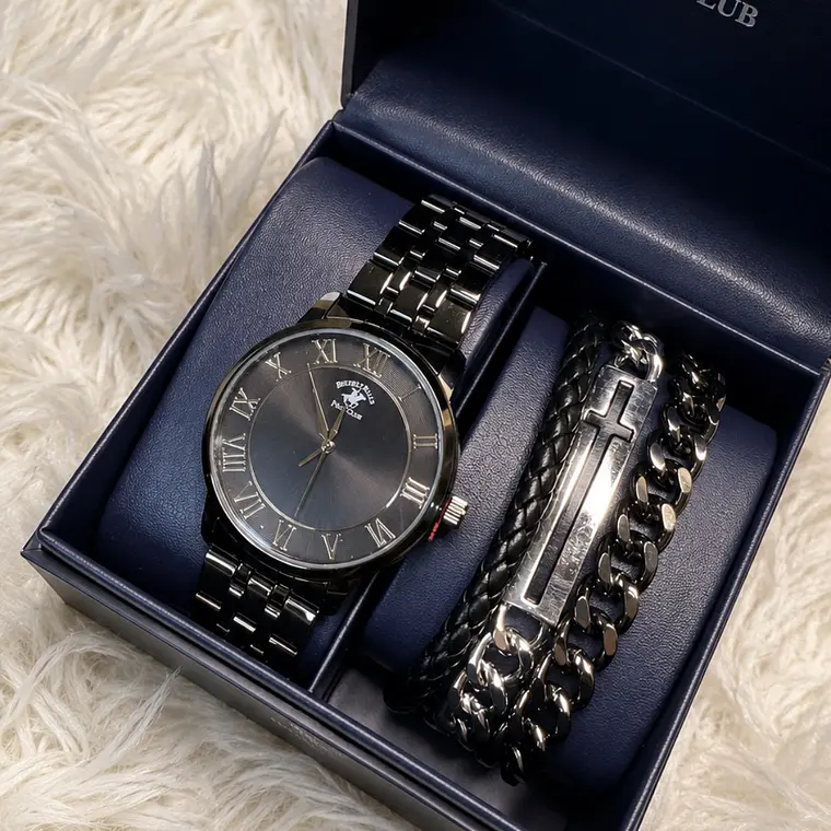 Reloj Polo Club Negro + pulseras  1